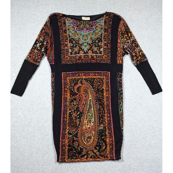 FUZZI Women‎ Dress Large Paisley Colorblock Mesh Lined Sheath Long Sleeve Fitted - Picture 1 of 10